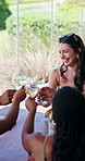 Cheers, above and friends in restaurant with wine for social gathering, reunion and tasting event. Happy, weekend and people with alcohol, drinks and toast for bonding, connection and celebration