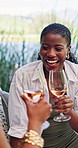 Happy woman, wine and toast at picnic with friends for celebration, reunion and relax on vacation. People, group and drinks at lake, alcohol or success with break, bonding and excited on holiday