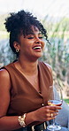 Talking, happy and woman with wine outdoor for hangout, social gathering and reunion. Happy, conversation and people with drinks, alcohol and together for bonding, gossip and relax in countryside