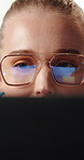 Creative, glasses and laptop with designer woman in office for editing or graphic illustration. Artistic, computer and design with person in workplace for business, productivity or publication