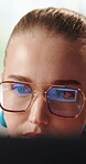Journalist, glasses or woman in office with laptop, research or draft edit for article update. Reading, reflection or copywriter in agency with tech, blog insight or fact check for industry report.