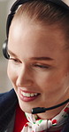 Happy woman, consultant or talking with headset in call center for customer service or online advice. Closeup, female person or agent speaking with mic for virtual assistance or chat in workplace
