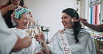 Celebration, styling or toast with bride and old woman in salon together for marriage preparation. Champagne, cheers or haircut with happy person and mother in law drinking alcohol at hairdresser