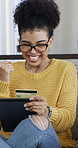 Tablet, credit card and woman in home with win, promo celebration and payment discount. Debit, success and excited person with technology for cashback, online shopping or fist pump for deal in house