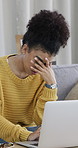 Sad, freelancer and woman with laptop, home and manuscript rejection on website, unhappy and online. Disappointed, African person and reading negative feedback for novel, ghostwriter and remote work