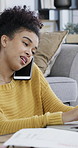 Happy woman, laptop and discussion with phone call in home for conversation, deal or chat. Female person, remote work or listening with mobile smartphone on computer for communication, help or advice