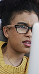 Glasses, woman and confused with laptop in home for draft mistake, article review or remote work. Freelance journalist, african person and tech with doubt for story source, headline error and eyewear