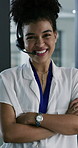 Face, call center and woman with confidence, telemarketing and telesales agent with computer. Headset, smile and portrait of sales consultant with tech, arms crossed and career in lead generation