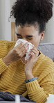 Sick woman, sofa and blowing nose with tissue in home for influenza, sinus or allergy. Tired, female person and nasal infection with virus, bacteria or germs for hayfever, flu or congestion in house