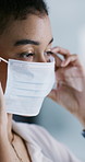 Face mask, woman and PPE in office for health, safety and covid compliance. Business person, regulations and protection in workplace with virus, prevention and rules for wellness and staff hygiene
