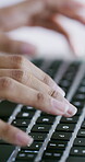 Hands, person and typing on laptop in office for news research, creative project or publication. Journalist, keyboard or tech at publishing agency for submission draft, copywriting or editor feedback