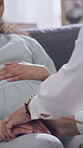 Office, therapist and comfort for pregnant woman, hands and advice for perinatal anxiety and stress. People, psychology and support for childbirth fear, pregnancy or help for mental health in clinic