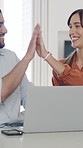 Happy couple, finance and laptop with high five in home for budget planning or expenses together. Excited, man and woman with smile on computer for financial success, bills or investment in house