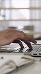 Business, hands and typing on laptop at desk for news publication, editing and column submission. Journalist, person and tech at publishing agency for article draft, story research and creative blog