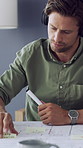 Headphones, sticky note and man with blueprint in office, floor plan and engineering design development. Property remodeling, music and architect with note for building scale, tech and illustration