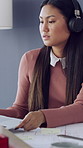 Business, woman and architect with laptop in office for research, planning and building design. Person, headphones and pc with blueprint document, architecture model and information for development