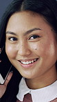 Happy woman, face and conversation with phone call in studio for discussion or online advice. Portrait, female person or friendly agent talking with smile on mobile smartphone for communication