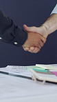 Business people, meeting or handshake with blueprint for architecture deal or partnership in office. Architect, employee or shaking hands with documents or paperwork for b2b or construction agreement
