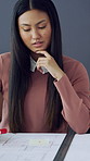 Thinking, architect and woman with blueprint, office and ideas for real estate project and creative. Construction, sketch or person with document for property development, reflection and architecture