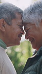 Forehead, touch and senior couple in nature for fresh air, bonding and connection in neighborhood. Retirement, marriage and elderly man with woman for affection, love and happy relationship outdoor