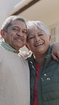 Face, hug and old couple in garden, funny and love for bonding together, retirement and laughing. Outdoor, pensioner and senior man with woman, smile and relationship for embrace, humor and trust