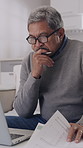 Thinking, old man and research with laptop, house and plan for retirement with paperwork and online. Reading, documents and senior person with tech for asset management, reflection and pension fund