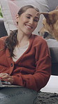 Remote work, laptop and woman with dog in home for online report, copywriting and story review. Happy, bonding and person with pet on computer for editing, proofreading and research for freelance job