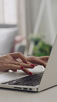 Hands, laptop and typing with remote work from home with financial review, budget or project management. Person, virtual assistant and freelance with computer, calculator or tax compliance report
