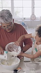 Baking, help and child with grandmother in kitchen for learning, recipe and prepare dessert. Family, happy and girl with grandma for bonding, love and fun with flour ingredients for cake in home