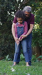 Grandfather, teaching and child to play golf with guidance, learning skills and swing technique. Below, lens flare and old man with grandchild for outdoor activity, sports advice and bonding together