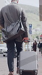Back, walk or businessman in city with suitcase, travel journey or attendance of corporate seminar. Trip, stroll or employee in town with luggage, office commute or flight for conference event.
