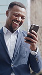 Phone, video call and walking with business black man in city for communication or commute to work. Conversation, excited and laughing with happy African employee outdoor for mobile discussion