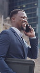 Businessman, smile and phone call in city with bag, morning commute and chat for real estate joke. Laugh, black person or realtor in urban town with tech, contact or funny story for property listing.