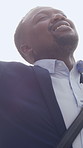 Business, smile and black man with freedom in city, success or opportunity with low angle. Fresh air, corporate and employee with happiness outdoor, inspiration and goal achievement with flare