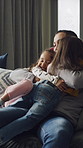 Father, children and hug in living room with love, support and smile for bonding together on weekend. Happy dad, girl kids and embrace in home with care, trust and family connection on holiday break.