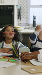 Children, drawing and play with pencil in home with friends, lips and funny game with study group. Kids, girl and boy with color book, homework and playful with bonding for development at house