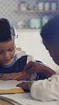 Boy, friends and help with homework for learning, talk and advice with books, guide and tutoring. Children, notes and education with study group, reading or scholarship for development at house