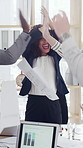 Throw paper, high five or businesspeople with clap, celebration or approval of investment pitch. Finance, documents or analyst team with applause, revenue growth or success in funding achievement.

