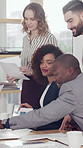 Business people, meeting and woman in office with advice, workshop and discussion for feedback. Creative agency, project management and conversation for planning, review and proposal collaboration