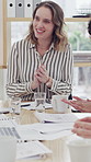Business people, meeting and woman in office with applause, presentation and discussion for feedback. Creative agency, project management and conversation for planning, review and collaboration