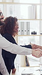 Business, people or happy with handshake in office for negotiation success, deal or company merger. Investors meeting, team or shaking hands for offer, equity purchase or integration in joint venture