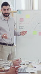 Businessman, presentation and whiteboard with team chart for sales performance or review in office. Man, employee or speaker talking with group, graph or planning for company report or marketing data