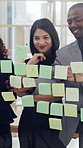 Meeting, brainstorming and business people by glass wall with sticky note, financial planning and idea. Team, problem solving and strategy in office with economy discussion, budget and collaboration.