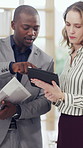 Tablet, team and business people in office for discussion, investment proposal or insight. Technology, meeting and happy consultant in company for planning, financial review or idea with documents