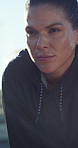 Runner, woman and exercise break outdoor with sweat, breathing or stop cardio training for recovery. Tired, female person and workout rest with reflection, wellness and relax after fitness challenge.
