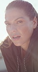 Runner, breathing and face of woman with fitness, morning training routine and workout break to recover. Endurance practice, flare and athlete with rest for exercise, outdoor and cardio activity