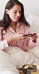 Woman, photography and phone with breakfast in bed for hospitality, room service and content creator. Influencer, mobile app and healthy food for social media post, aesthetic and luxury meal at hotel