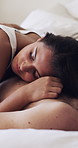 Chest, safety and sleeping with couple in bed together for bonding, relationship security or rest. Comfortable, love and marriage with people asleep in bedroom of home for dreaming, peace or romance