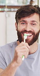 Brushing teeth, dance and face with happy man in bathroom of home for dental hygiene. Cleaning, energy and toothbrush with person singing in apartment for morning routine, oral care or wellness