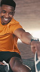 Fitness, smile and stretching with black man outdoor for preparation or start of cardio workout. Exercise, legs and warm up with happy African runner on ground in city for challenge or training
